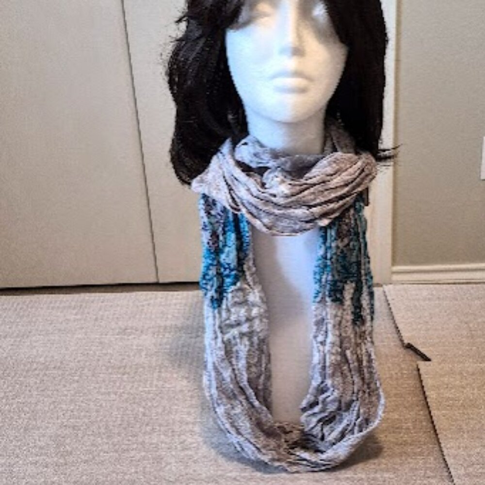 Beautiful women's scarf gray, white with turquoise design, light weight